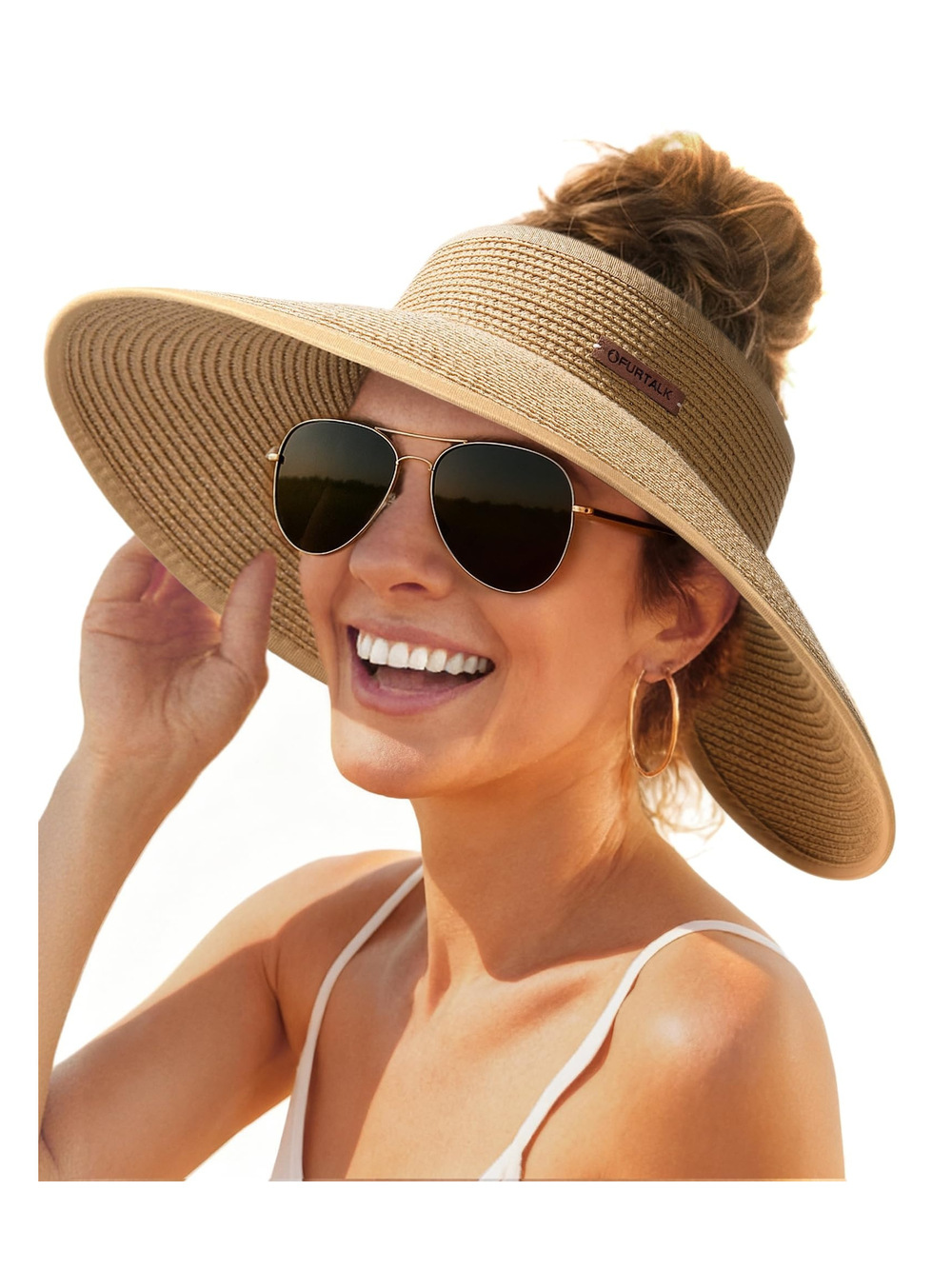 Womens Sun Hat with Ponytail Hole Wide Brim Beach Straw Visor | Khaki | Size M